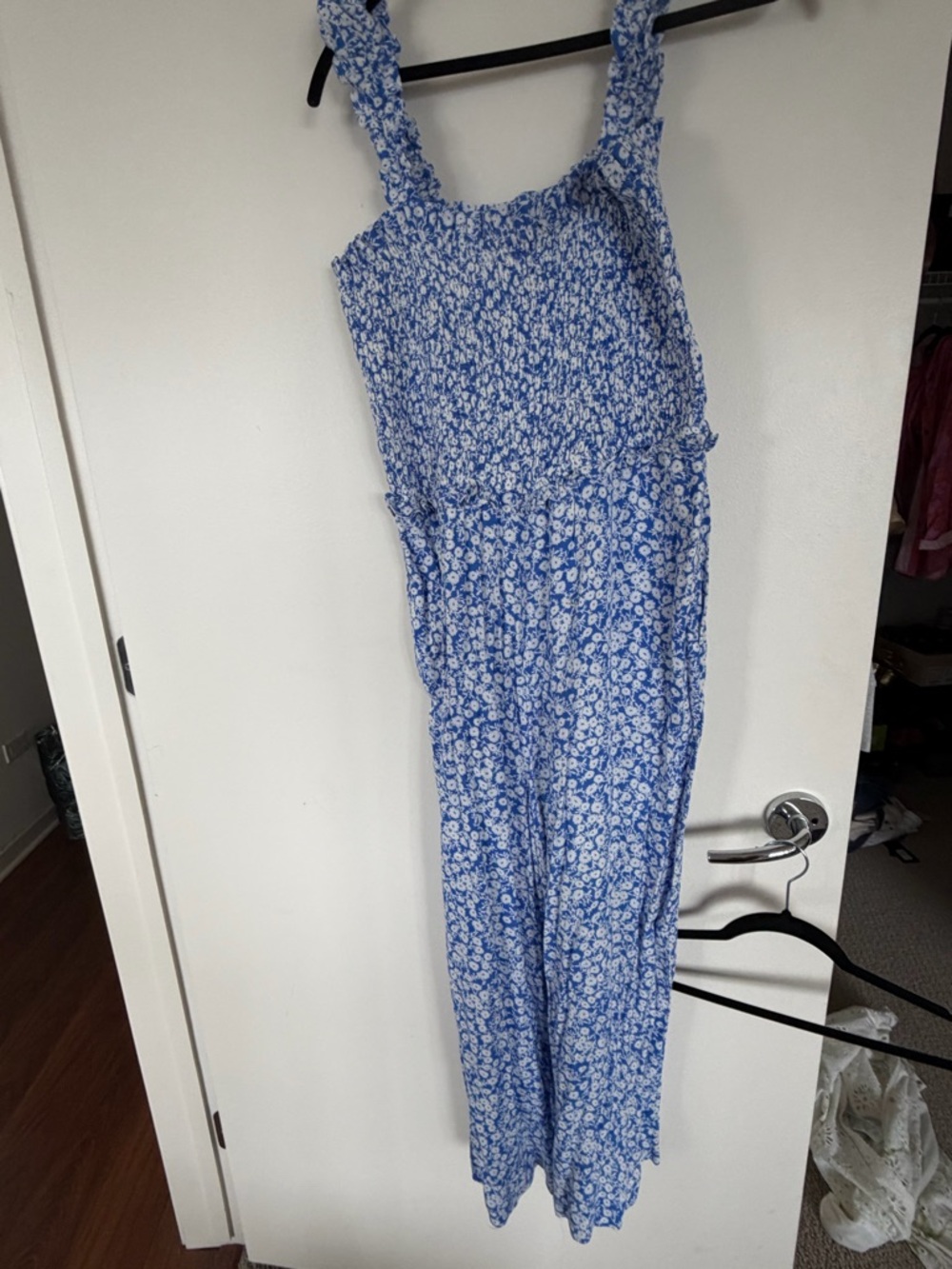 Blue Floral Smocked Jumpsuit